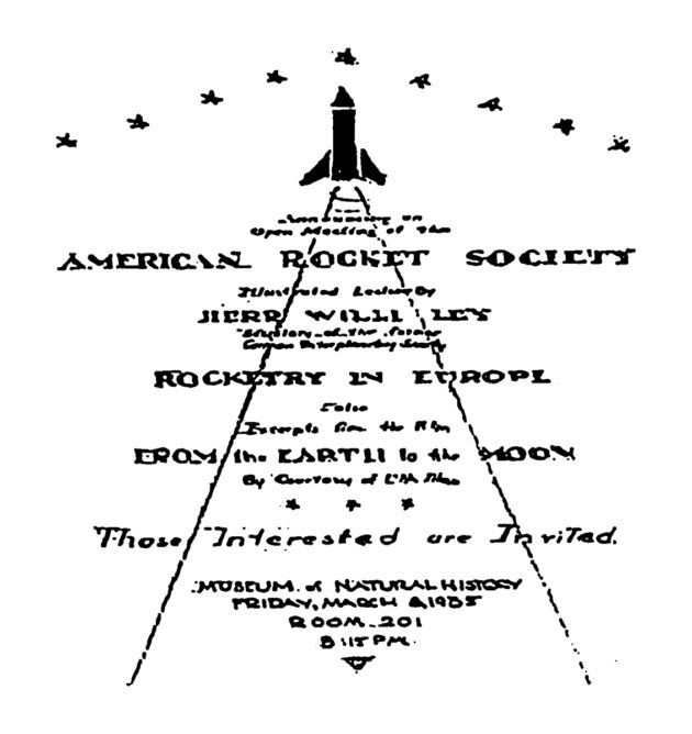 Abbildung 8.1: Raketenfieber in Amerika. Knapp zwei Monate nach seiner Ankunft in den USA sprach Willy Ley auf einer öffentlichen Veranstaltung der Amerikanischen Raketengesellschaft in New York. Damit begann seine Karriere als einer der wichtigsten Propagandisten der Raumfahrt. Bild: National Air and Space Museum, Peter van Dresser Collection