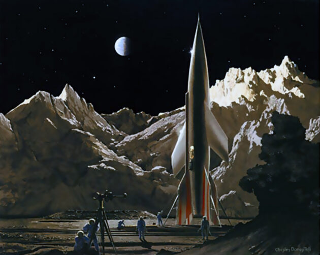 Das Bild von Chesley Bonestells Raumschiff, fertig zur Rückreise vom Mond zur Erde erschien in dem zusammen mit Willy Ley 1950 herausgegebenen Buch The Conquest of Space. Es wurde zum Vorbild für zahlreiche populäre Darstellungen von Raumschiffen. Leicht erkennbar die Form der in Peenemünde entwickelten A-9. Bild: Chesley Bonstell, mit freundlicher Genehmigung von Fred Durant