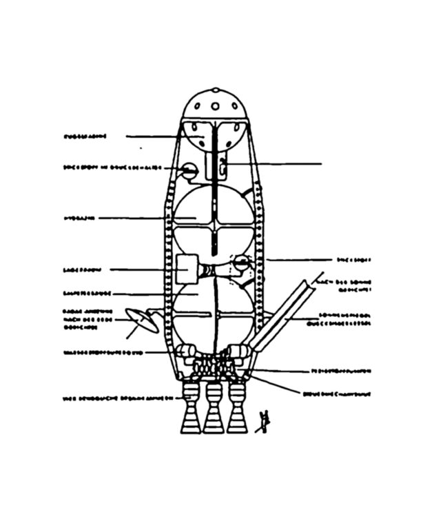 Abbildung 8.3: Die Rakete für den Flug um den Mond. In Across the Space Frontier erschien 1952 diese berühmt gewordene Zeichnung eines Raumschiffs, mit dem eine Besatzung von der Raumstation eine Fahrt um den Mond antreten sollte. Quelle: von Braun, Ley Start in den Weltraum, Fischer, 1959.