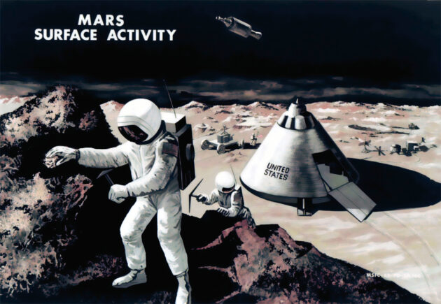 Grafik einer für 1982 anvisierten Marslandung. Von Braun benutzte sie 1969, um der von US-Vizepräsident Spiro Agnew eingsetzten Arbeitsgruppe ein langfristiges Raumfahrtprogramm nach Abschluss von Apollo zu erläutern. Die Astronauten brechen Marsgestein, um es auf die Erde zurückzubringen. Am Himmel sieht man das Mutterschiff für den Rückflug zur Erde, das selbst nicht auf dem Mars landet. Bild: NASA