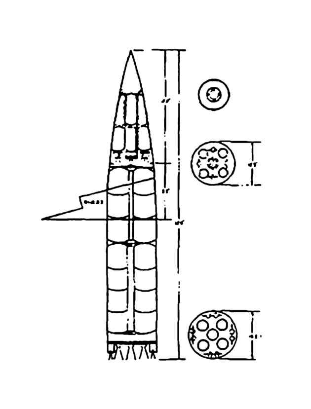 Abbildung 10.1: Krafft Ehrickes Entwurf einer Nutzlastrakete. Nach Ehricke ließ sich die Raumfahrt dadurch effektiver machen, dass man unterschiedliche Spezialraumschiffe für den Güter- und Personentransport sowie den Fährdienst entwickelte. Hier die Zeichnung einer Großrakete, um Nutzlast zum Bau und zur Ausrüstung einer Raumstation zu befördern. Quelle: Krafft A. Ehricke, „A New System for Satellite Orbits – Part 2“ (Jet Propulsion Vol. 24, No. 6 November/December 1954)